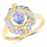 14K Yellow Gold Plated 1.59 Carat Genuine Tanzanite .925 Sterling Silver Ring