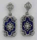 Victorian Style Blue Lapis and Diamond Filigree Earrings - Sterling Silver