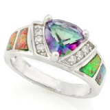 2 1/3 CARAT CREATED MYSTIC GEMSTONE & 4/5 CARAT CREATED FIRE OPAL 925 STERLING SILVER RING