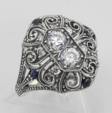 CZ / Sapphire Filigree Ring - Art Deco Style - Sterling Silver