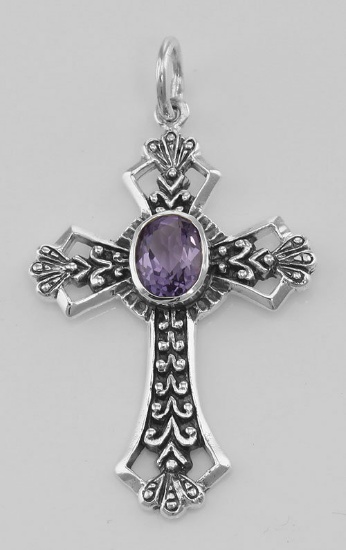 Cross Pendant with Amethyst - Sterling Silver