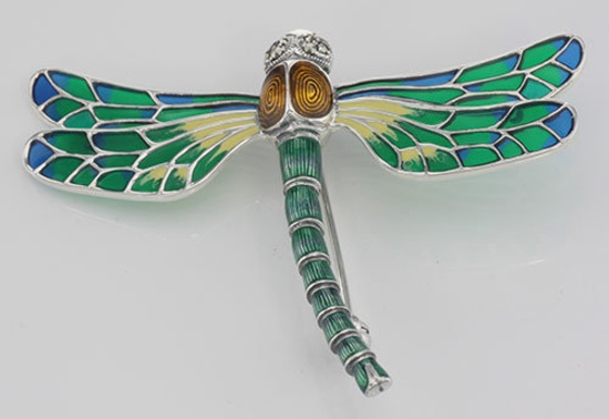 French Style Plique a Jour Multi-Color Enamel Dragonfly Pin - Sterling Silver