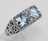 Antique Style 2 Stone Blue Topaz Filigree Ring Sterling Silver