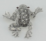 Marcasite / Garnet Frog Pin / Brooch - Sterling Silver