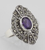 Stunning 1/2 Carat Genuine Amethyst and Marcasite Ring - Sterling Silver