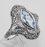 Victorian Style 1.5 Carat Blue Topaz Filigree Ring - Sterling Silver