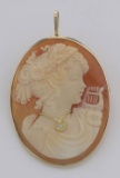 14kt Gold Italian Hand Carved Cameo Pin / Pendant with Diamond Necklace