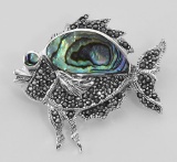 Cute Abalone Shell and Marcasite Fish Pin / Brooch - Sterling Silver