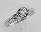 Victorian Style Cubic Zirconia Filigree Ring w/ 2 Diamonds - Sterling Silver