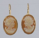 Classic Hand Carved Italian Oval Dangle Cameo Earrings - 14kt Gold