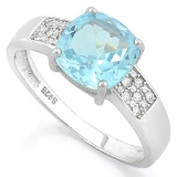 BABY SWISS BLUE TOPAZ & 1/4 CARAT (34 PCS) FLAWLESS CREATED DIAMOND 925 STERLING SILVER RING