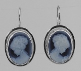 Oval Black Agate Dangle Cameo Earrings made in Italy - Sterling Silver