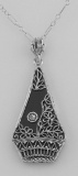 Art Deco Style Black Onyx Filigree Pendant w/ Diamond - Sterling Silver