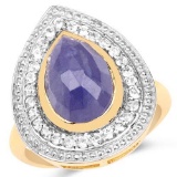 14K Yellow Gold Plated 4.81 Carat Genuine Tanzanite and White Topaz .925 Sterling Silver Ring