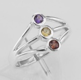 Beautiful Three Stone Ring - Garnet Citrine & Amethyst - Sterling Silver