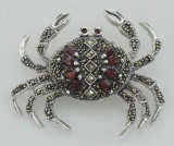 Marcasite / Garnet Crab Pin - Sterling Silver