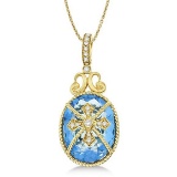 Blue Topaz and Diamond Byzantine Pendant Necklace 14k Yellow Gold (9.36ct)