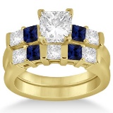 5 Stone Diamond and Blue Sapphire Bridal Set 18k Yellow Gold 1.12ct