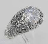 Classic Victorian Style Cubic Zirconia Filigree Ring - Sterling Silver