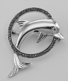 Jumping Dolphin and Marcasite Hoop Pin / Brooch - Sterling Silver