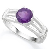 1 1/4 CARAT AMETHYST & (20 PCS) FLAWLESS CREATED DIAMOND 925 STERLING SILVER RING