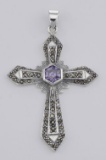 Antique Style Amethyst and Marcasite Cross Pendant - Sterling Silver