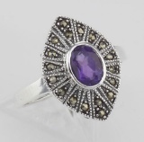 Lovely 1/2 Carat Genuine Amethyst and Marcasite Ring - Sterling Silver