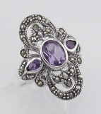 Amethyst and Marcasite Ring - Sterling Silver