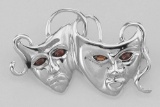 Comedy & Tragedy Pin with Garnet Eyes - Sterling Silver