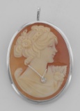 Hand Carved Cameo Pin / Pendant with Diamond Necklace - Sterling Silver