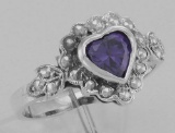 Victorian Style Heart Shaped Amethyst Colored CZ Ring - Sterling Silver