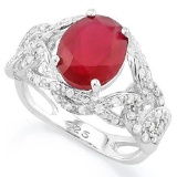 3 1/2 CARAT CREATED RUBY & 4 1/5 CARAT (42 PCS) FLAWLESS CREATED DIAMOND 925 STERLING SILVER RING