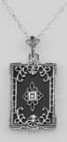 Antique Style Onyx Filigree Diamond Pendant with Chain - Sterling Silver