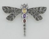 Multi Gemstone Marcasite Dragonfly Pin Sterling Silver