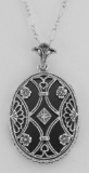 Black Onyx Filigree Diamond Pendant with Chain - Sterling Silver
