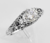 Cubic Zirconia Filigree Ring with Genuine Sapphire Accents Sterling Silver