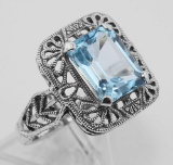 Classic Art Deco Style Blue Topaz Filigree Ring - Sterling Silver
