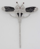 Fine Art Deco Style Crystal Enamel Dragonfly Pin - Sterling Silver