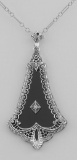 Art Deco Style Black Onyx Filigree Pendant with Diamond - Sterling Silver