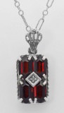 Art Deco Garnet Filigree Diamond Pendant 18 Inch Chain - Sterling Silver