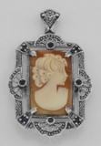 Lovely Italian Shell Cameo Pin or Pendant with Blue Sapphires - Sterling Silver
