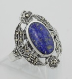 Victorian Style Lapis and Marcasite Floral Design Ring Sterling Silver