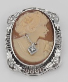 Victorian Floral Style Cameo Pin or Pendant with Diamond - Sterling Silver