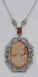 Victorian Style Hand Carved Italian Cameo Pendant Necklace - Sterling Silver