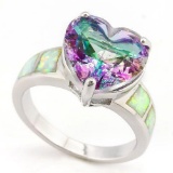 5 CARAT CREATED MYSTIC GEMSTONE & 1 1/5 CARAT CREATED FIRE OPAL 925 STERLING SILVER RING