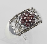 Floral Design Red Garnet Ring with Marcasite accents - Sterling Silver