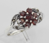 Antique Style Garnet - Marcasite Floral Design Ring - Sterling Silver