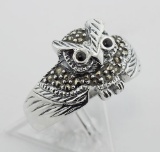 Marcasite Owl Ring w/ Onyx Eyes - Sterling Silver