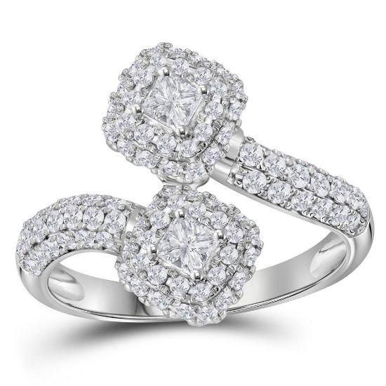 14kt White Gold Womens Princess Diamond 2-stone Bypass Bridal Wedding Engagement Ring 1.00 Cttw