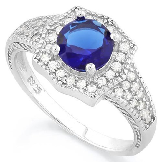 1 1/5 CARAT CREATED BLUE SAPPHIRE & 2/5 CARAT (40 PCS) FLAWLESS CREATED DIAMOND 925 STERLING SILVER